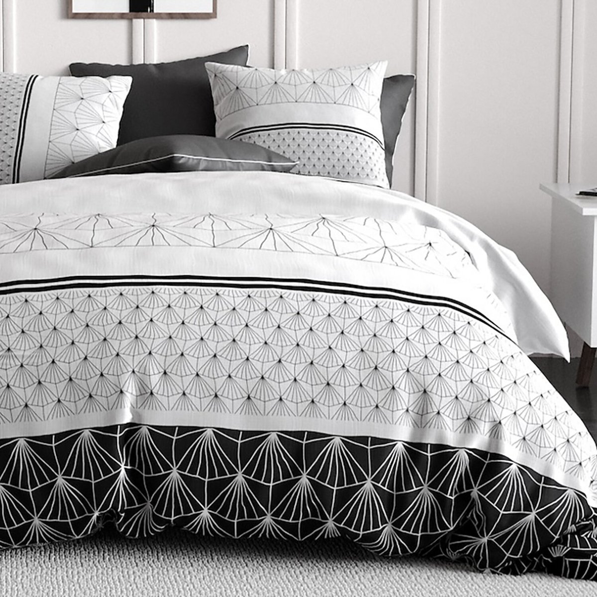 Parure housse de couette imprimée avec taie(s) en coton, Casta noir, ATELIER DU COTON