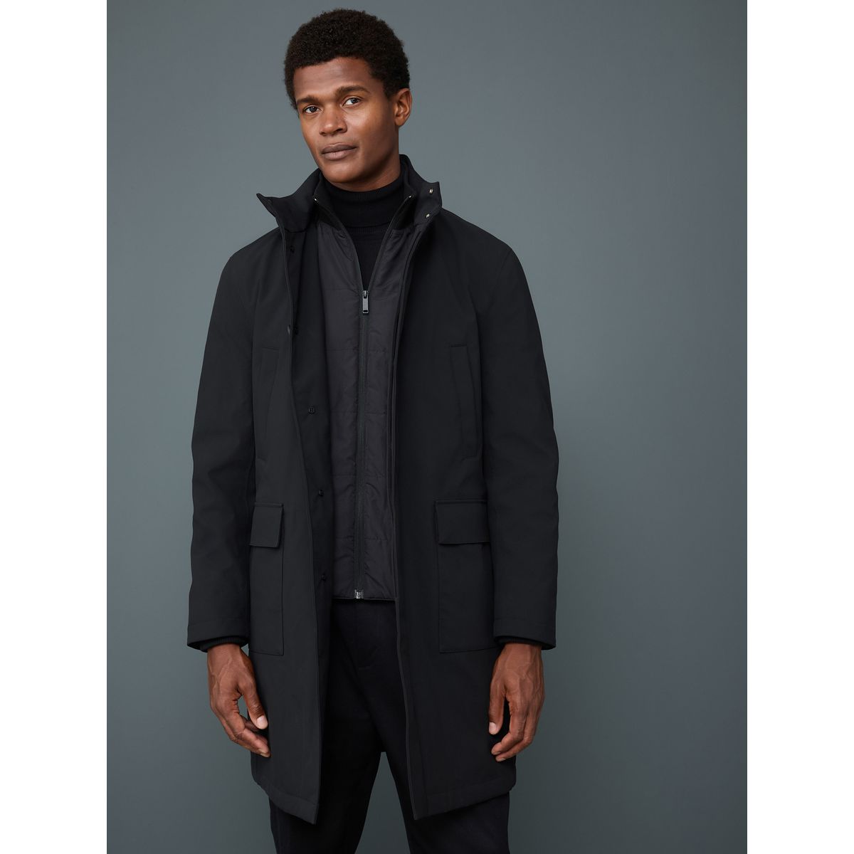 Manteau imperméable matelassé à col cheminée noir, NEXT
