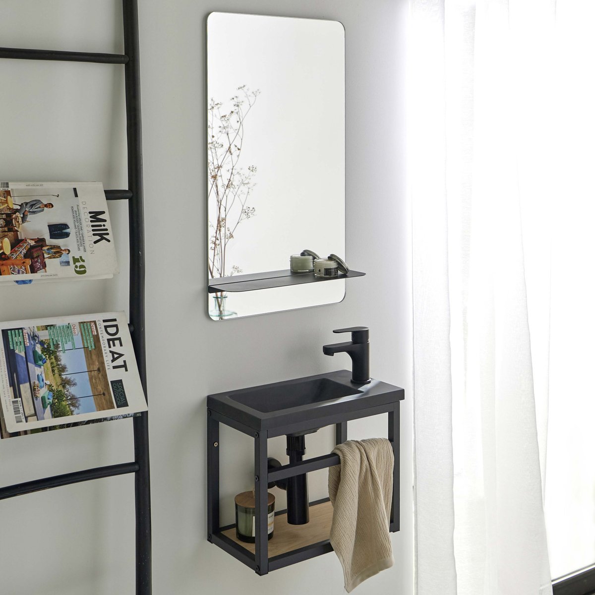 Ensemble lave-mains + miroir + robinet SAO noir, MOB IN