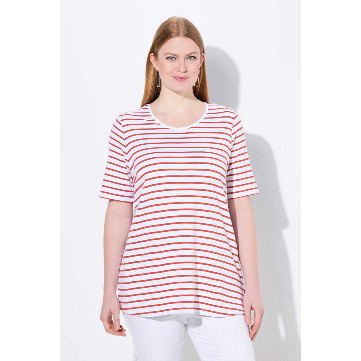 T-shirt rayé en coton Pima. Décolleté rond terre cuite, ULLA POPKEN
