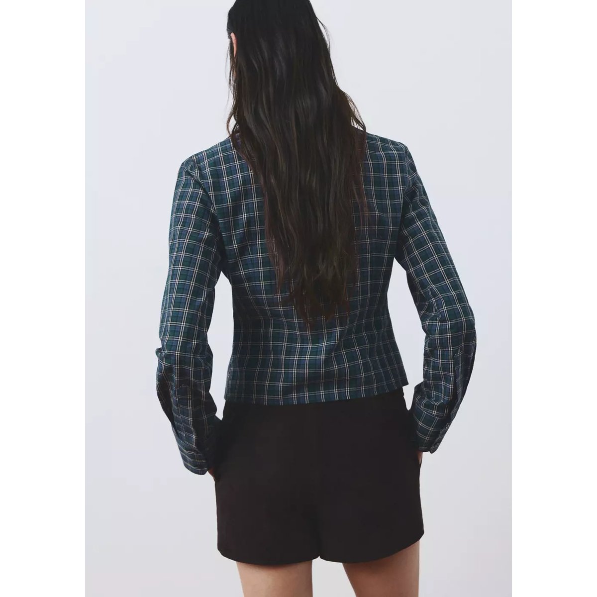 Blouse à carreaux et fronces bleu, MANGO