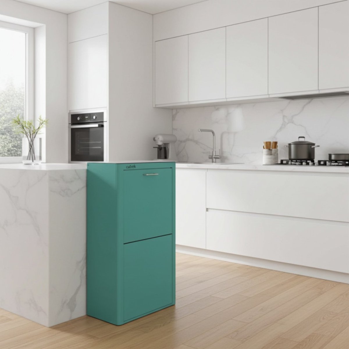 Poubelle de tri cuisine 4 compartiments, capacité 80 L, CUBEK, un meuble grande capacité pour organiser le tri des déchets turquoise, DON HIERRO