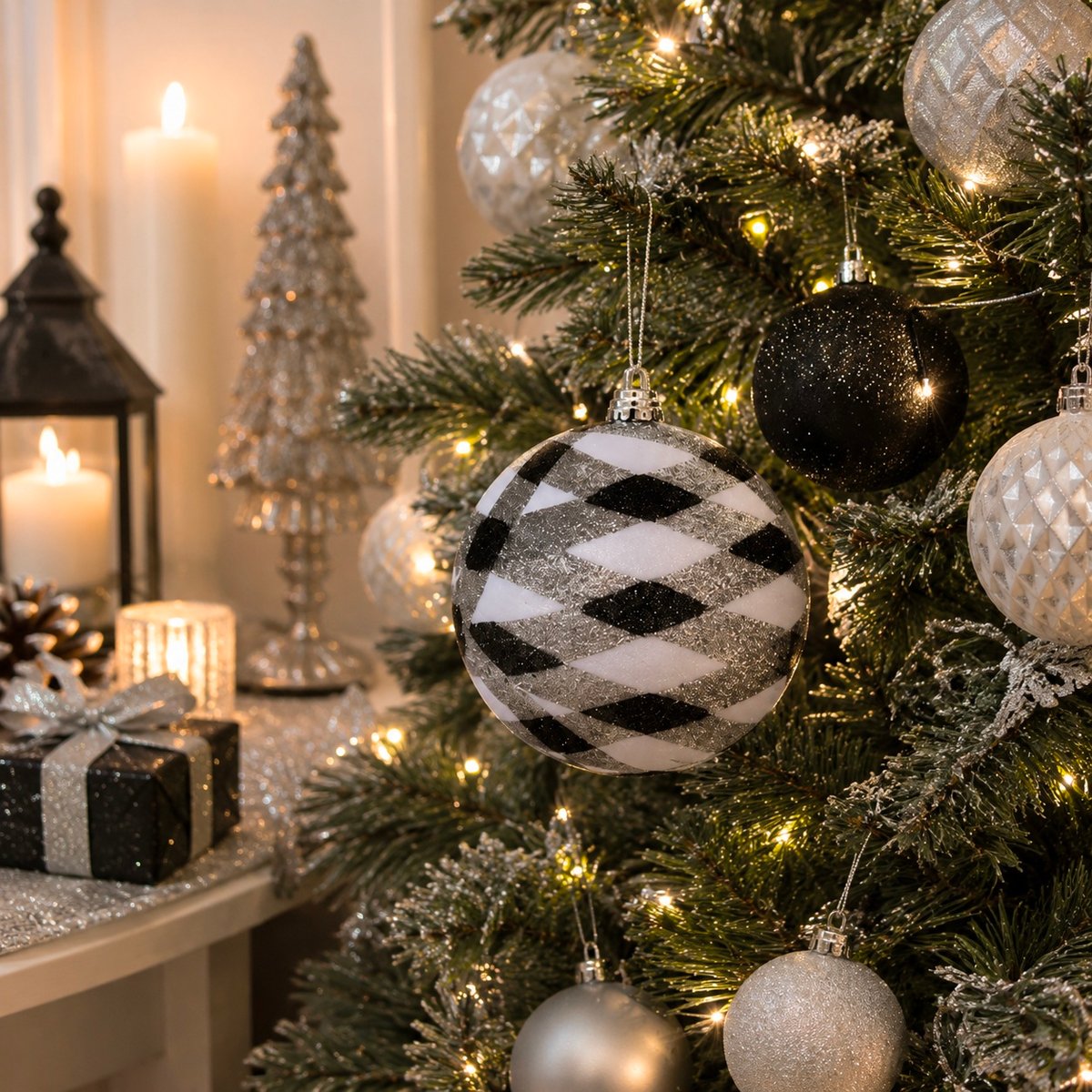 Boule de décoration de sapion de Noël pailletée Blanc argenté et noir noir, EDEN