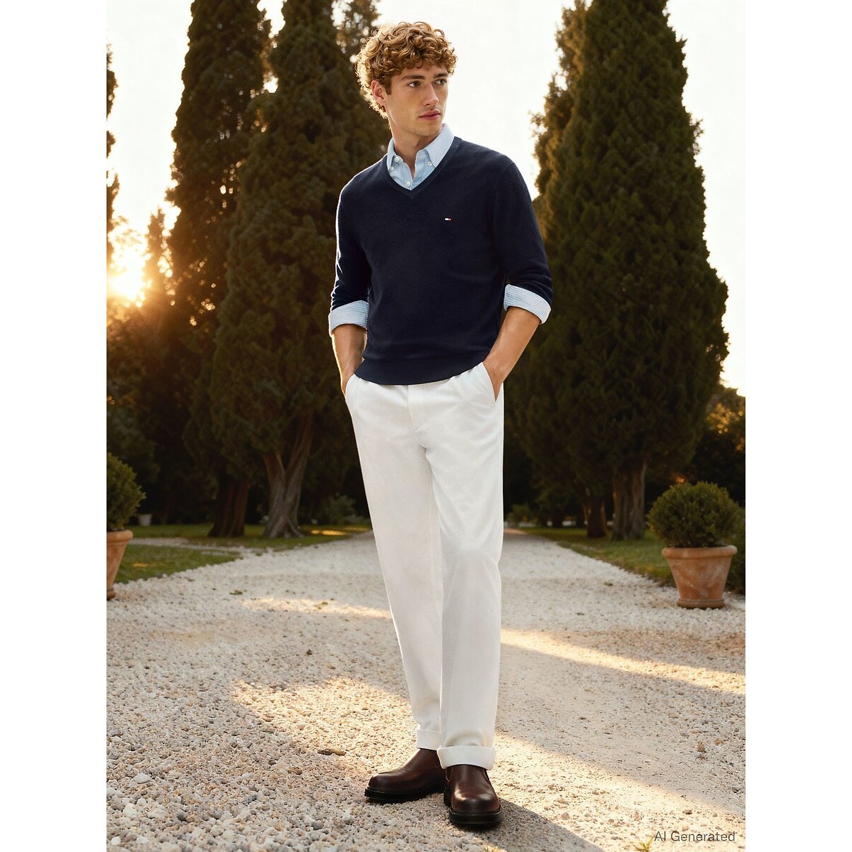 Camisola com decote em V, em malha fina marinho, TOMMY HILFIGER