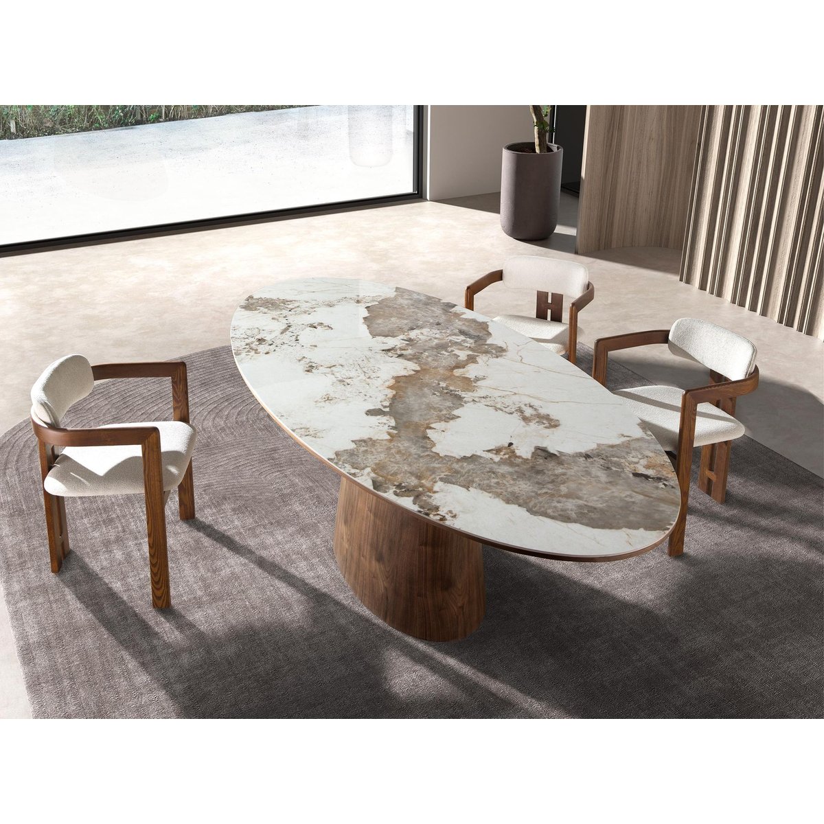 Table de salle à manger ovale en marbre en porcelaine et noyer blanc et terre | noyer, ANGEL CERDA