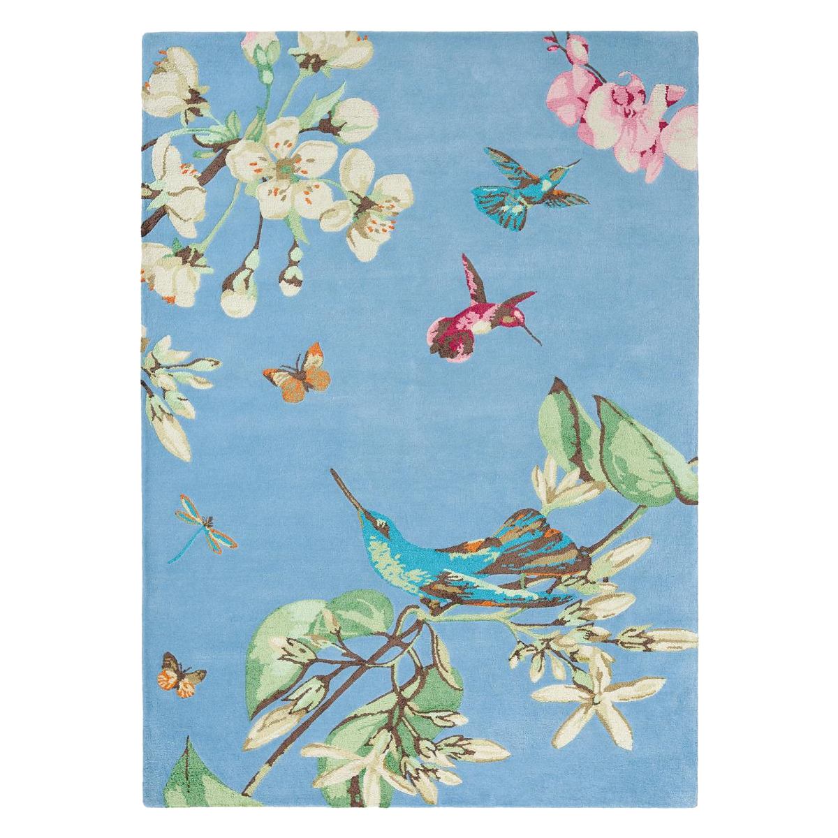 Tapis salon et chambre fait à la main en laine motif floral bleu, rouge, rose, vert, UN AMOUR DE TAPIS
