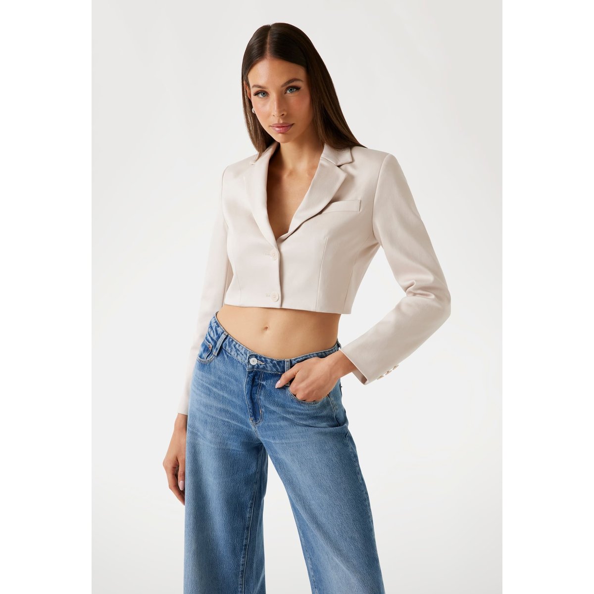 Blazer Ajusté Court Sergé crème, GUESS