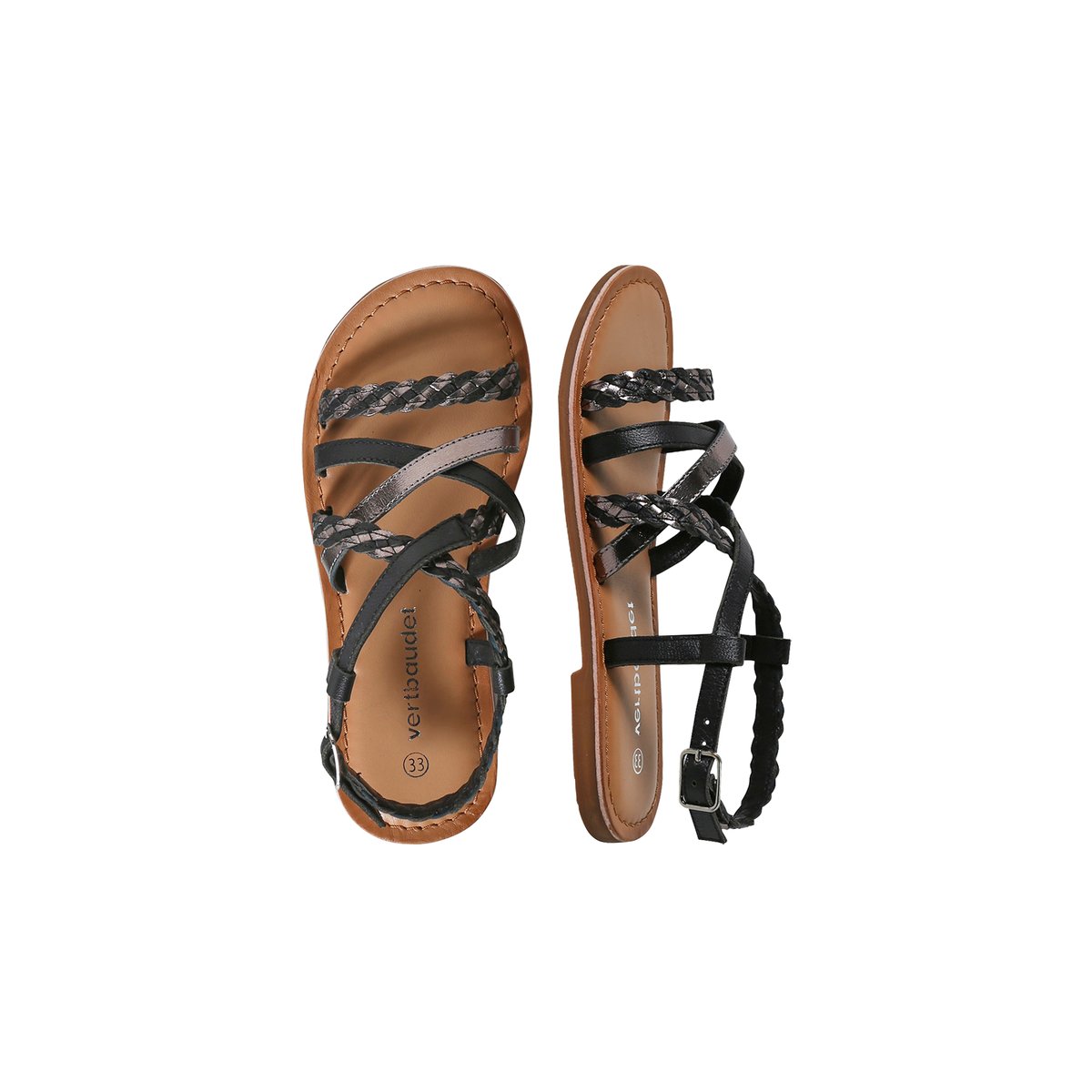 Sandales brides croisées cuir collection maternelle lot noir, VERTBAUDET