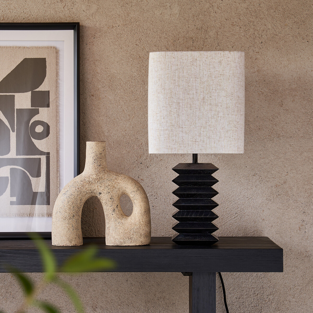 Lampe à poser en frêne massif et lin, Remilo noir, LA REDOUTE INTERIEURS
