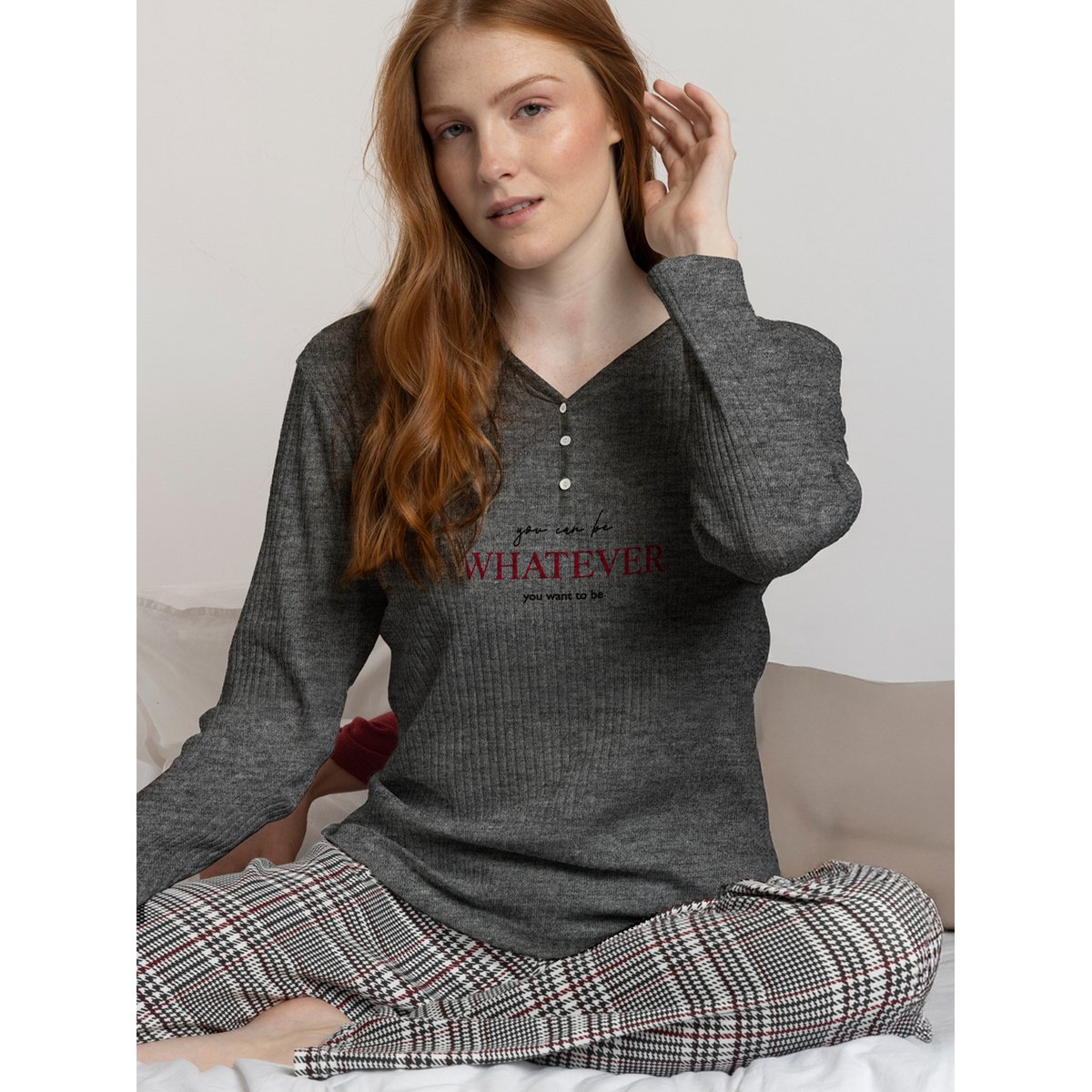 Pyjama pantalon top manches longues Houndstooth gris, ADMAS