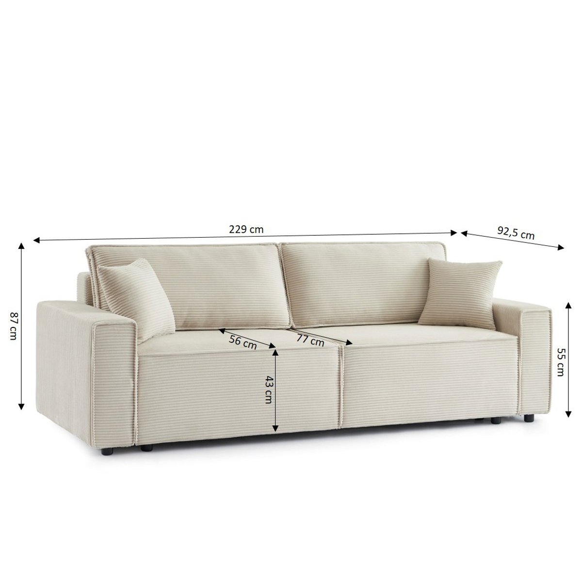 Canapé droit convertible velours  ZOLA beige, BAÏTA