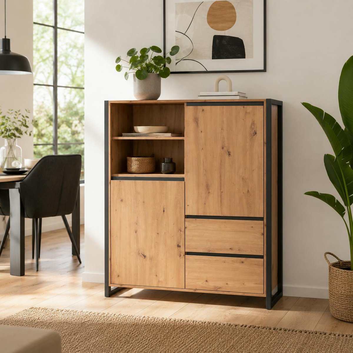 Buffet haut 2 portes, 2 tiroirs 2 niches ALVA chêne, PIER IMPORT