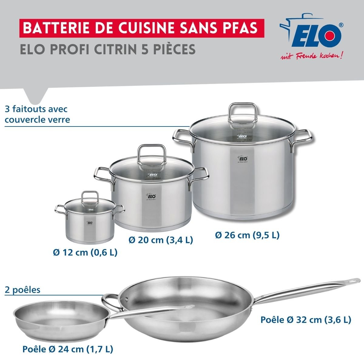 Batterie 2 poêles 24/32cm + 3 faitouts 12/20/26cm PROFI CITRIN gris, ELO