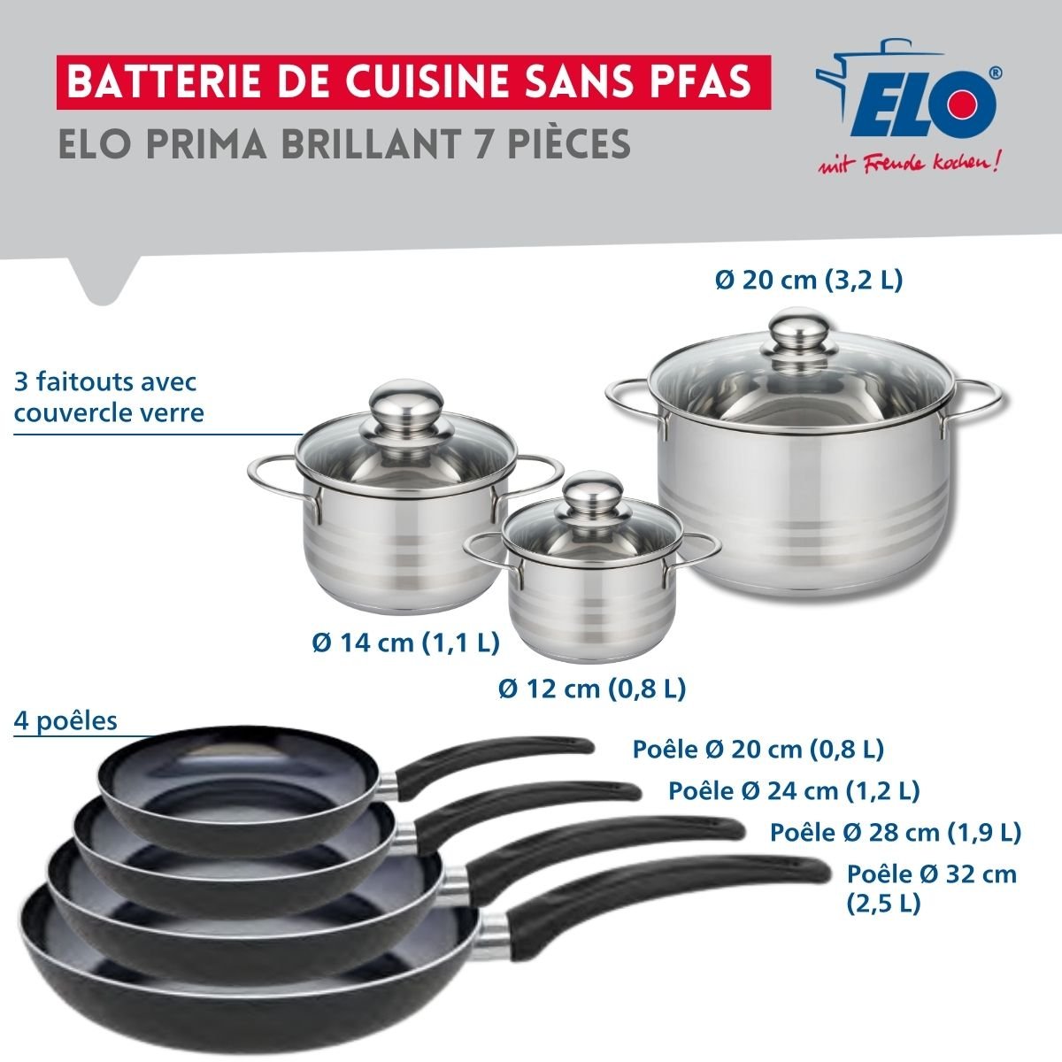 4 poêles 20/24/28/32cm + 3 faitouts 12/14/20cm PRIMA BRILLANT noir, ELO