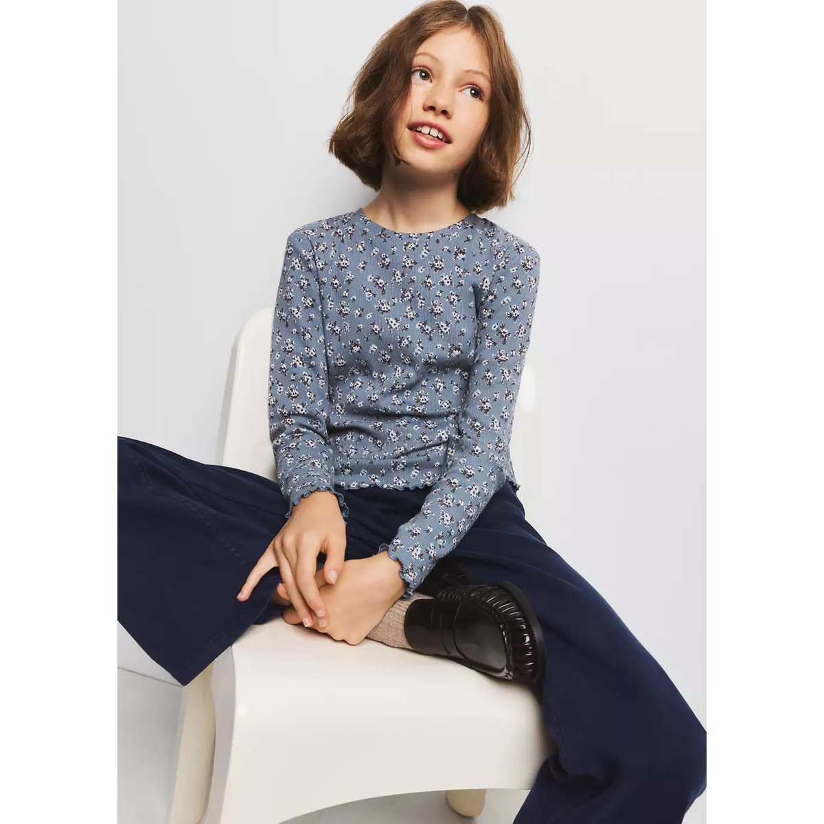 T-shirt côtelé fleurs bleu, MANGO KIDS