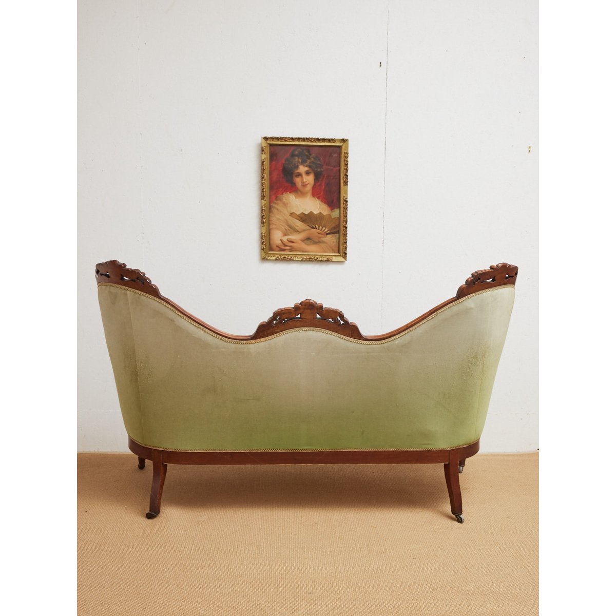 Banquette double en tissu Martine N°63 - Bon état bois foncé, DEBONGOUT