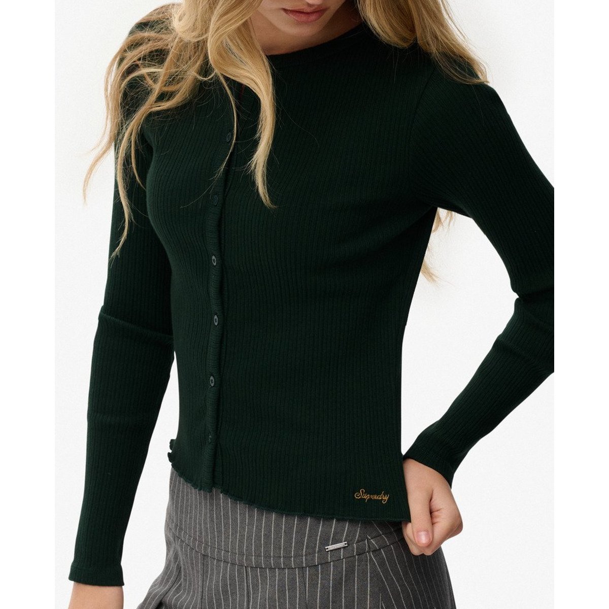 Cardigan Côtelé Athletic Essentials vert émail, SUPERDRY