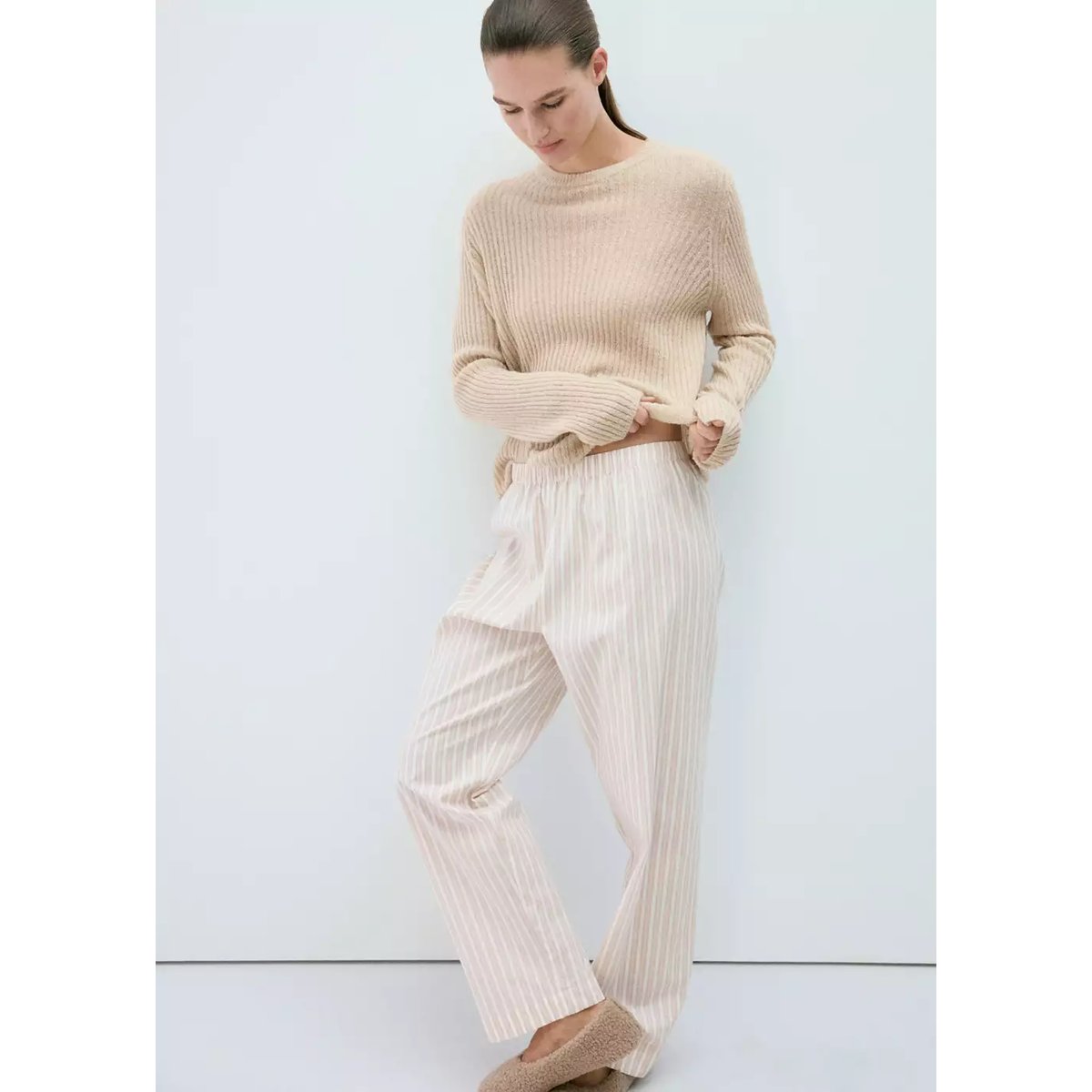 Pull-over maille côtelée beige, MANGO