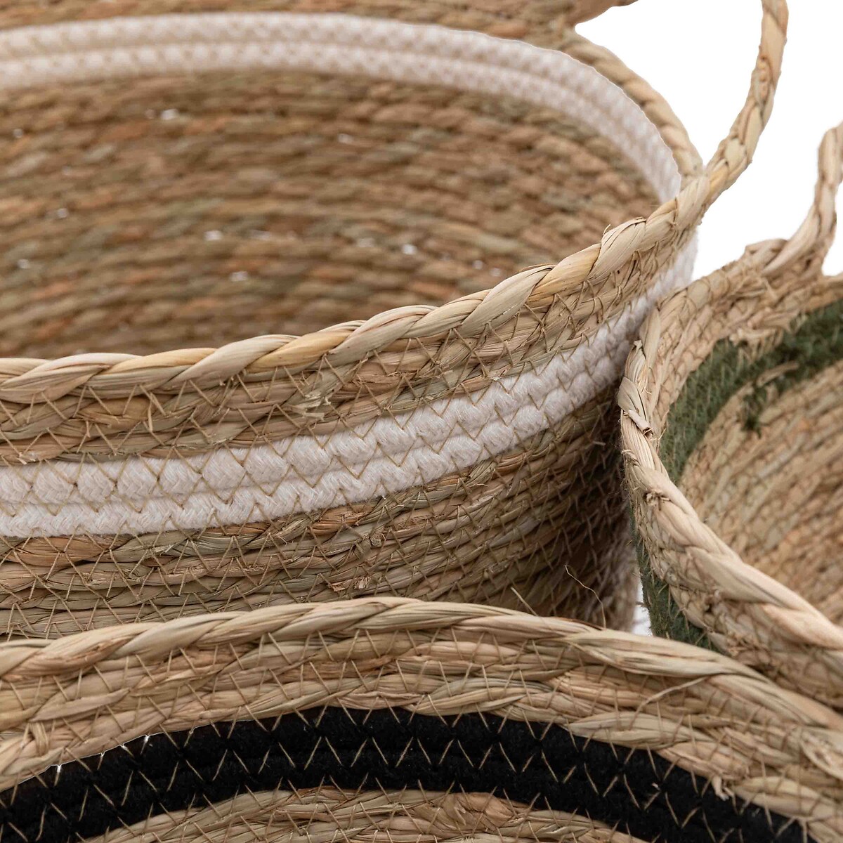 Set of 3 Nested Storage Basket in Black/White/Olive Stripe natural, ÉDITÉ