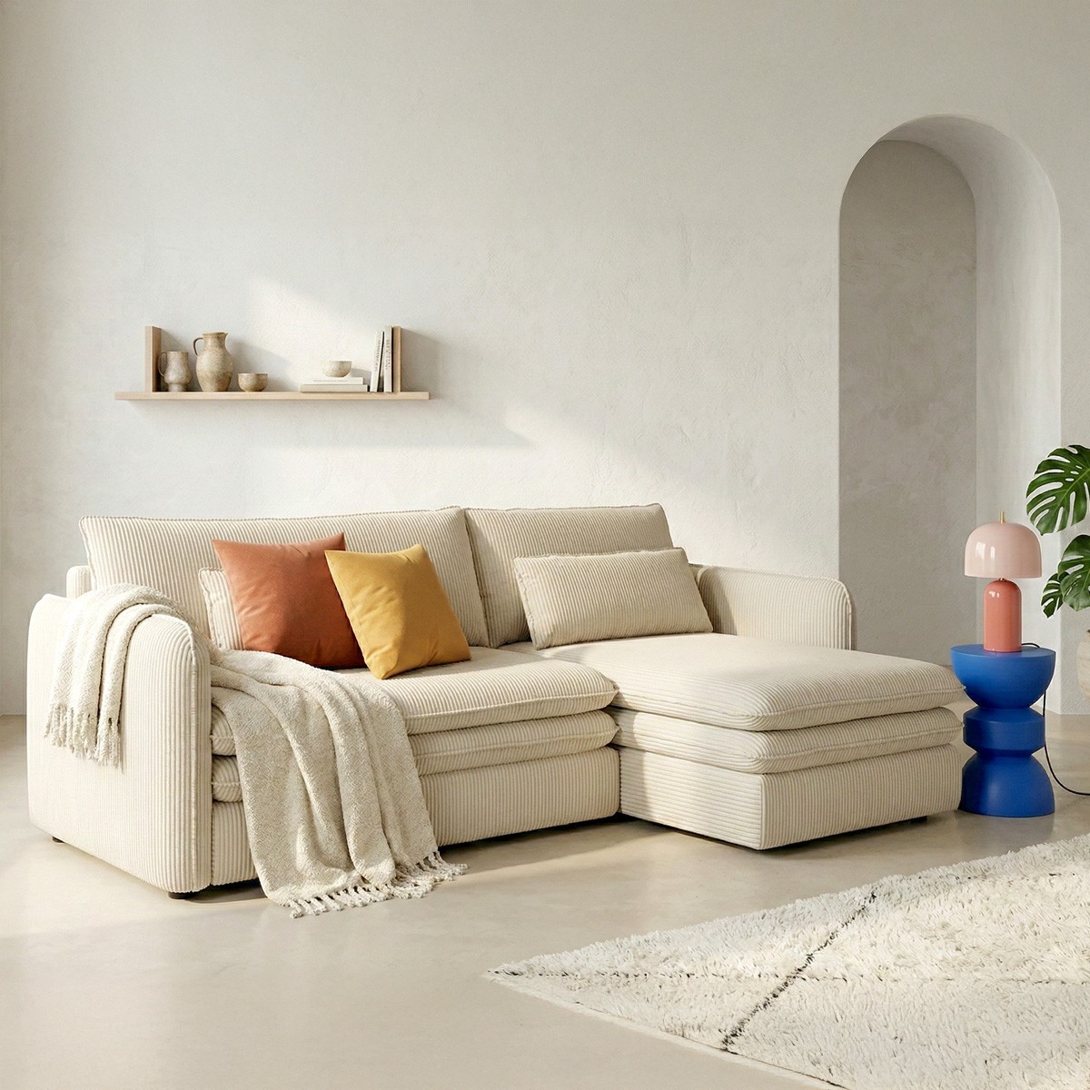 Canapé d'angle convertible 3 places en velours côtelé - BAYA beige, HOMIFAB