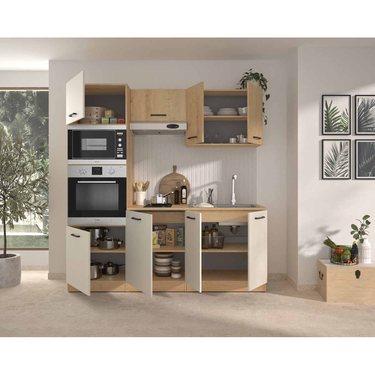 Composition de cuisine effet bois chêne silva beige, GAMI