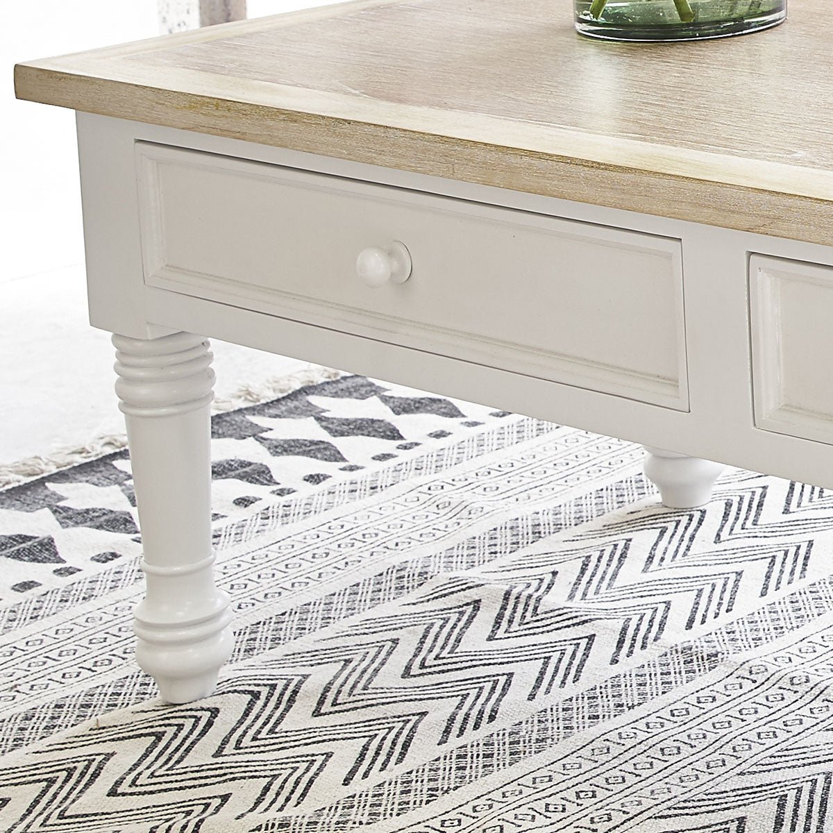 Table basse en bois d'acajou et teck 2 tiroirs DEMEURE blanc, BERAH GETAH
