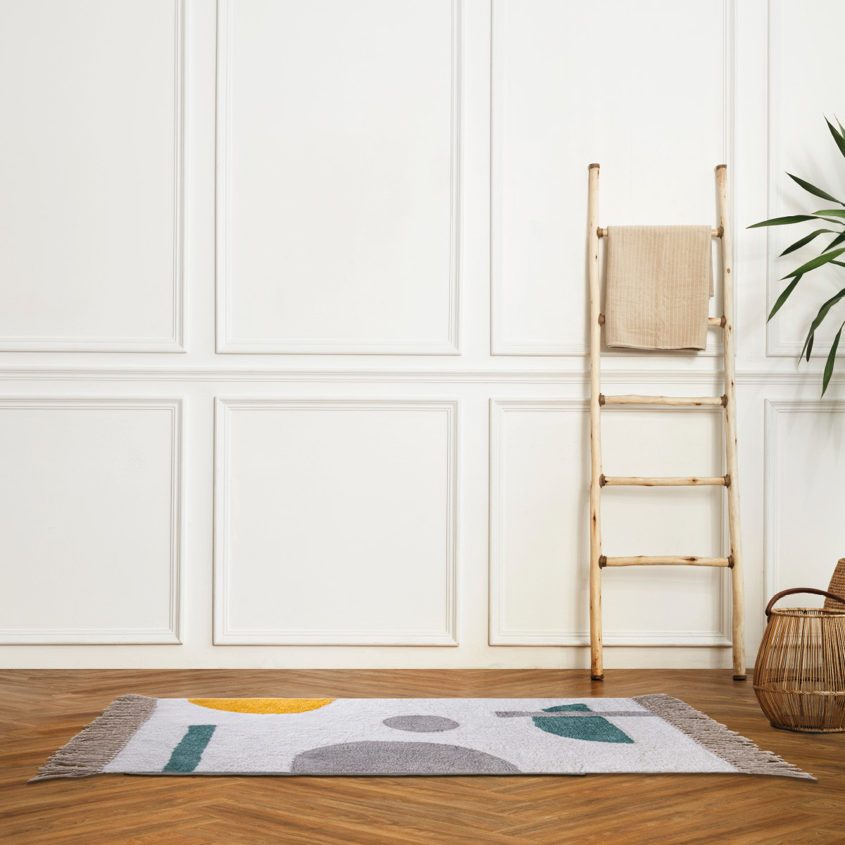 Tapis déco figuratif à franges en coton ABSTRAIT blanc, GUY LEVASSEUR