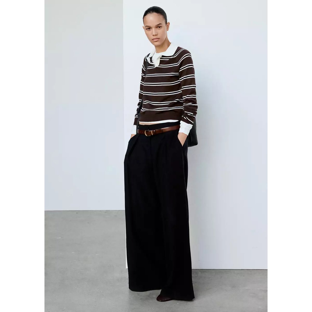 Pull-over rayures col polo chocolat, MANGO