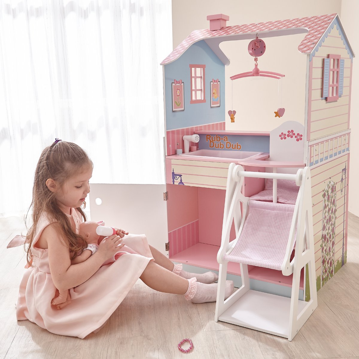 Table à langer poupée avec rangement et lit bébé rose, TEAMSON KIDS