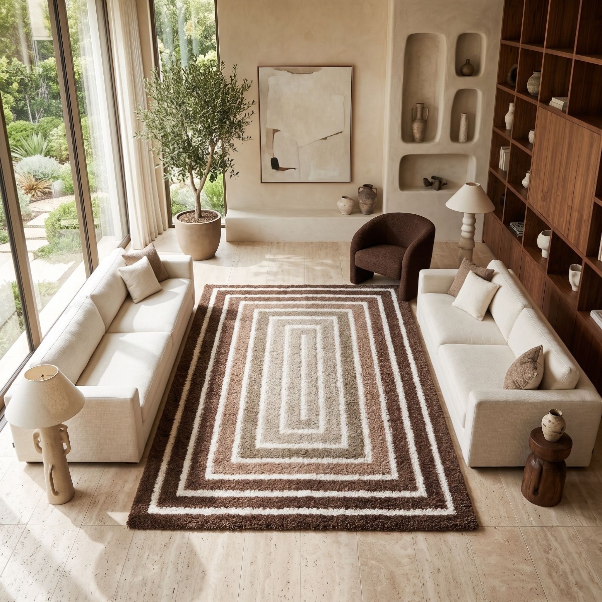 Tapis shaggy doux à motif géométrique MOKA MULTICADRES marron beige écru, THE DECO FACTORY