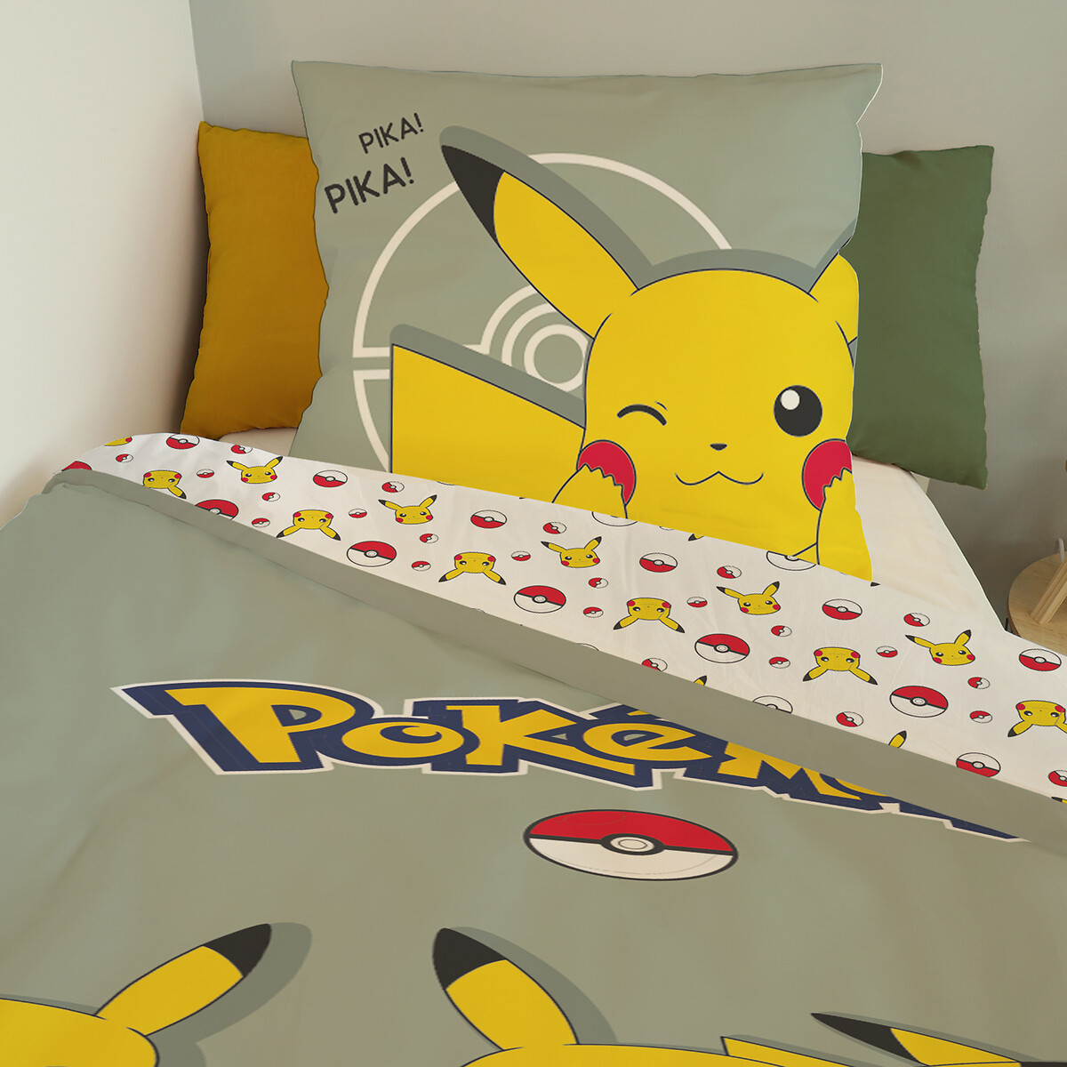 Parure de lit coton, Pokémon Trio Fun Kaki imprimé, POKEMON