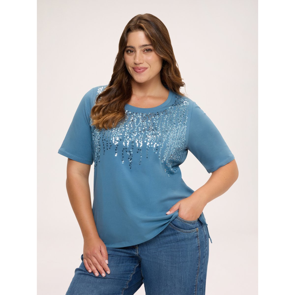 T-shirt avec paillettes en cascade light - blue, FIORELLA RUBINO