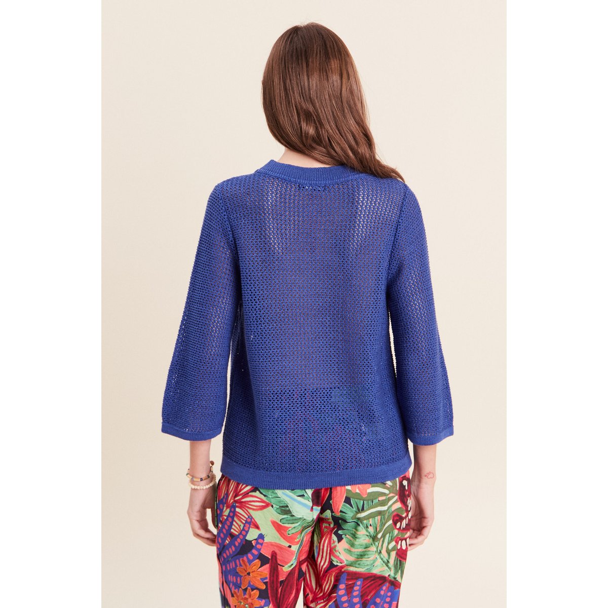 Pull ajouré col rond manches longues bleu foncé, BREAL