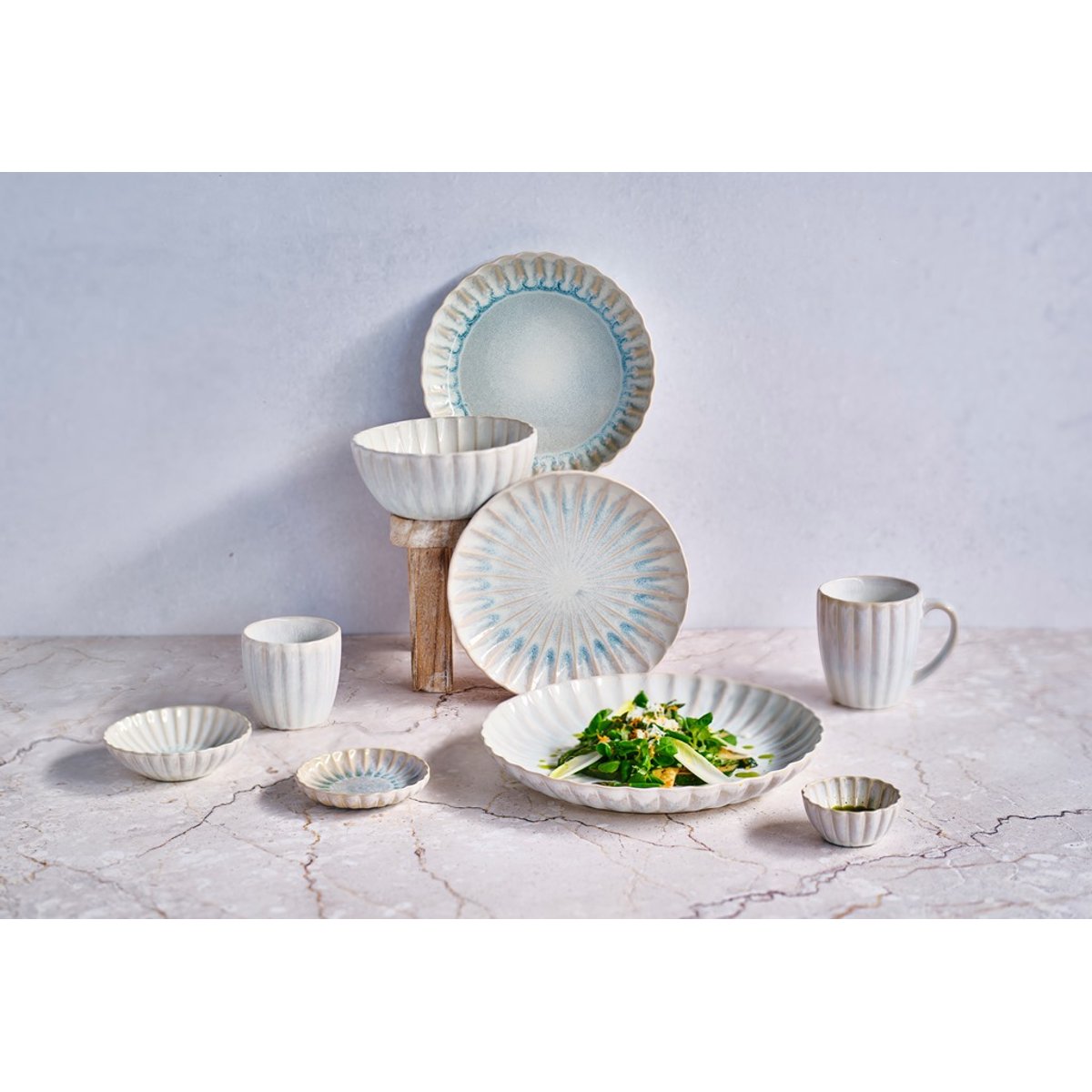 Lot de 4 assiettes plates en grès, ASTERA blanc bleu, COSY&TRENDY