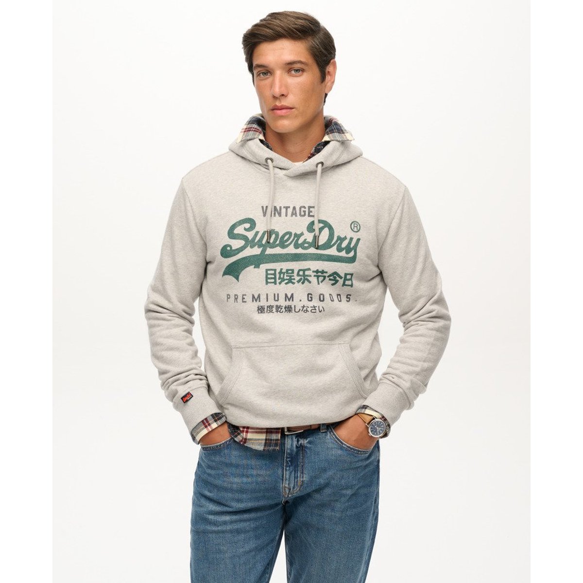 Sweat à capuche Vintage Logo Duo Classic gris glacier chiné, SUPERDRY