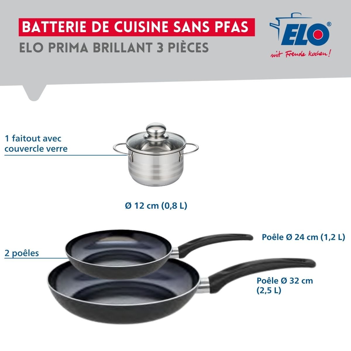 Batterie 2 poêles 24/32cm + 1 faitout 12cm PRIMA BRILLANT noir, ELO