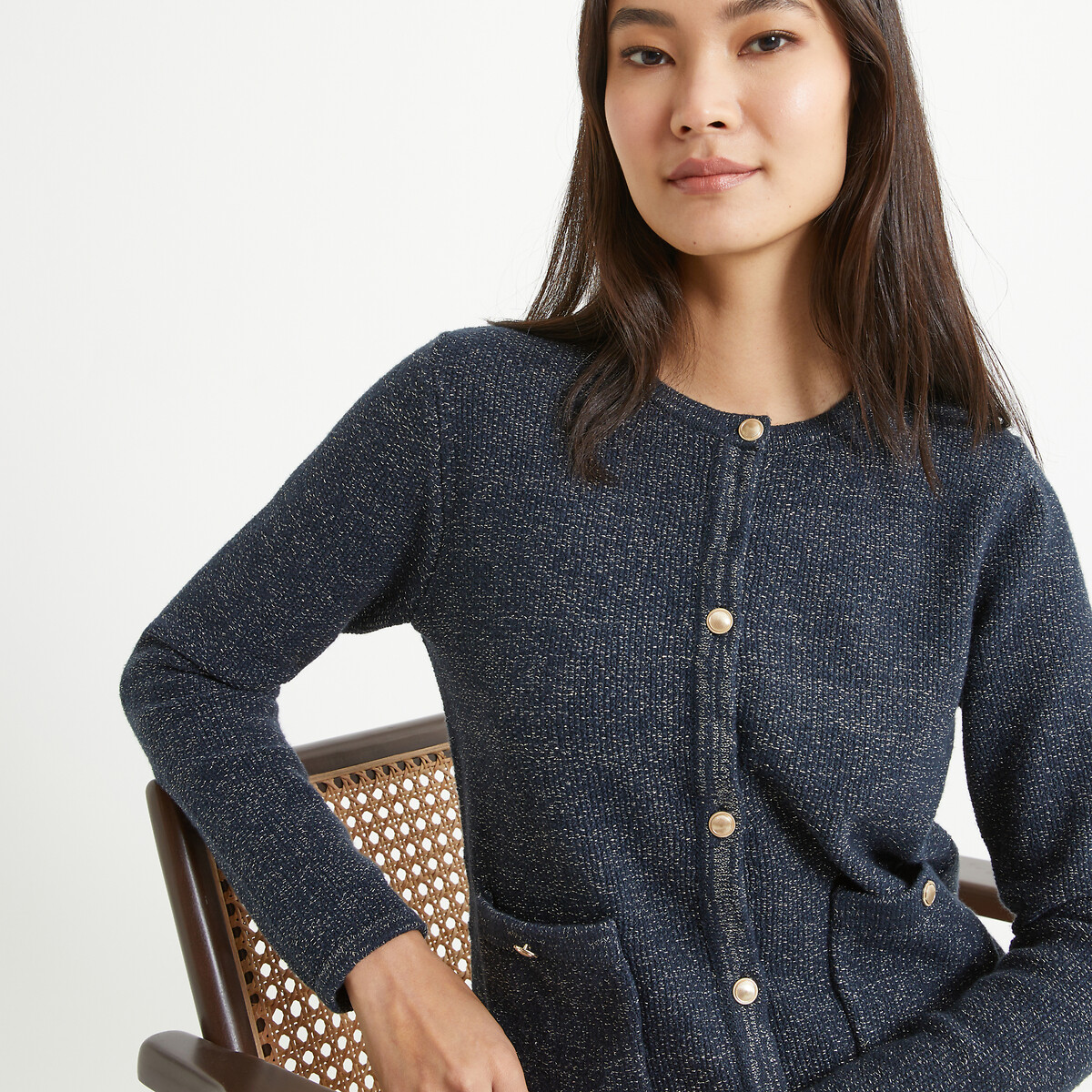 Buttoned Crew Neck Cardigan in Fine Knit navy, ANNE WEYBURN