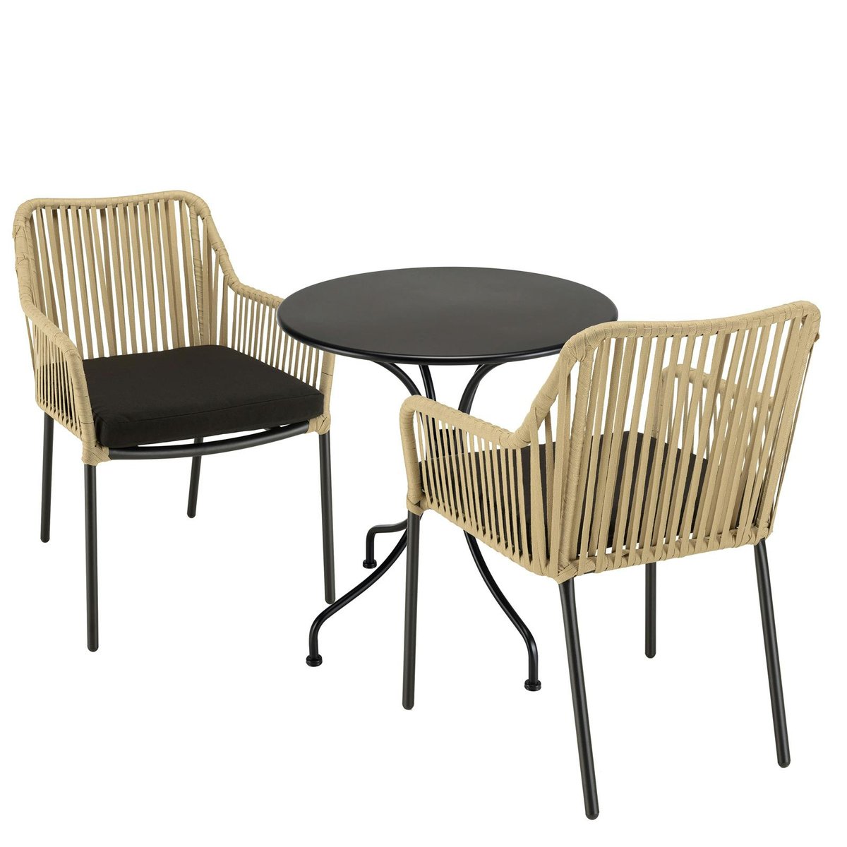 Salon de jardin 1 table ronde métal noir D70 cm - 2 fauteuils cordage couleur naturelle 1 coussin noir GIJON noir, PIER IMPORT