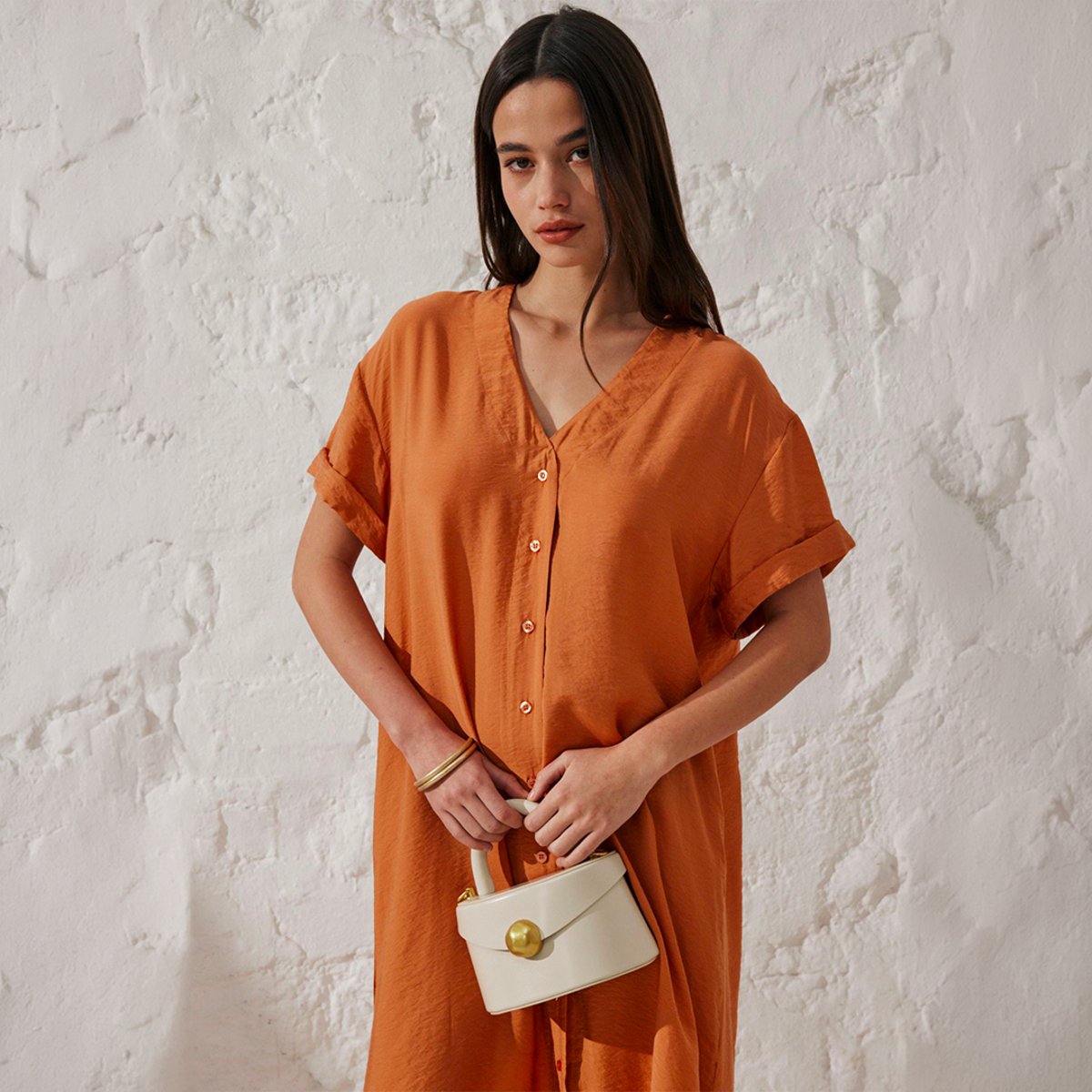 Robe chemise longue INGRID orange pêche, BENOA