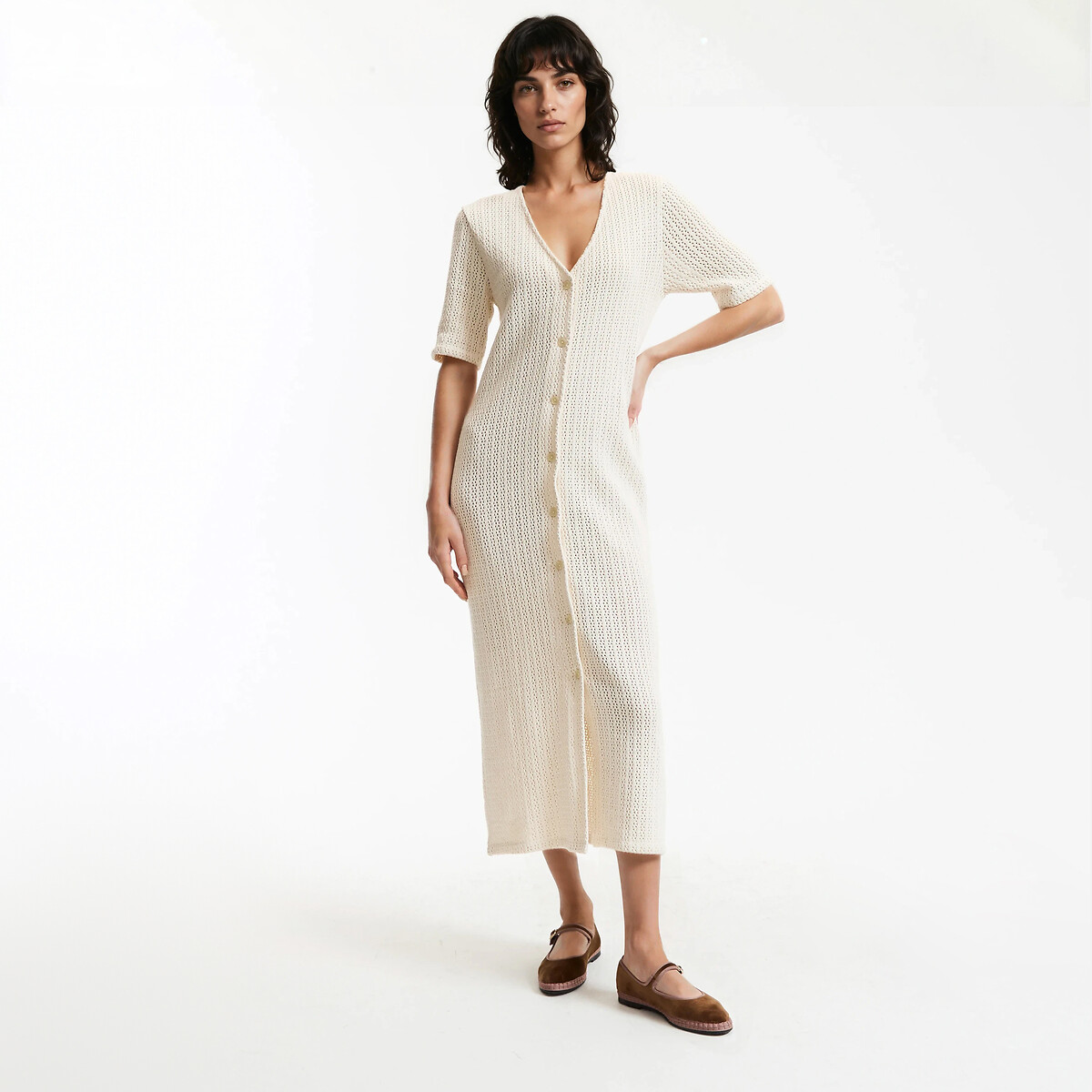 Robe longue manches courtes en maille pointelle ecru, LA REDOUTE COLLECTIONS