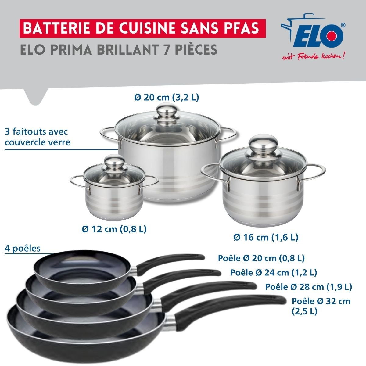4 poêles 20/24/28/32cm + 3 faitouts 12/16/20cm PRIMA BRILLANT noir, ELO