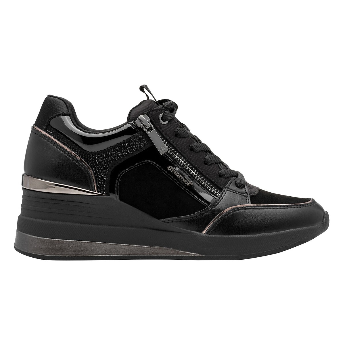 Baskets compensées zippées et à lacets noir uni, TAMARIS