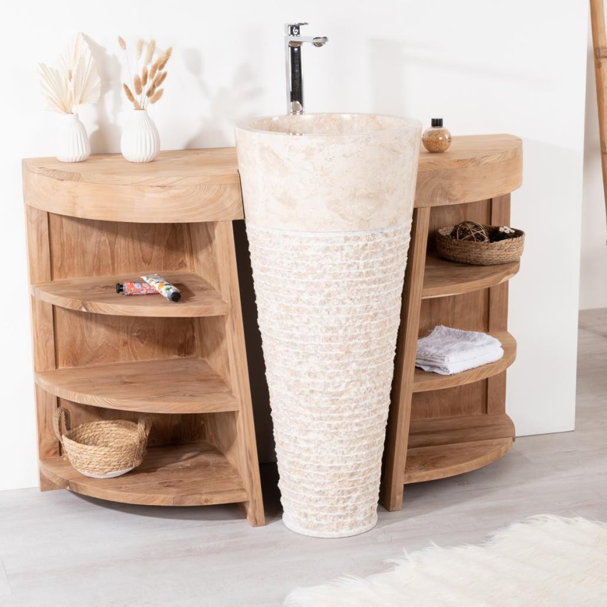 Meuble + vasque en teck rectangle 120cm FLORENCE crème, WANDA COLLECTION