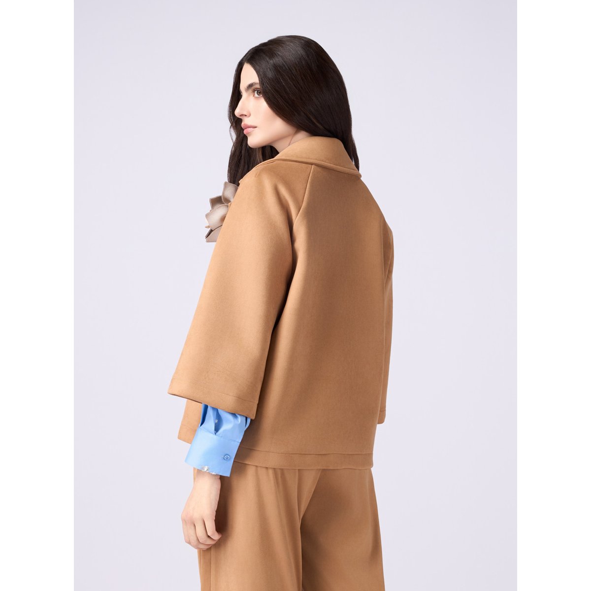 Suede effect peacoat with brooch beige, OLTRE