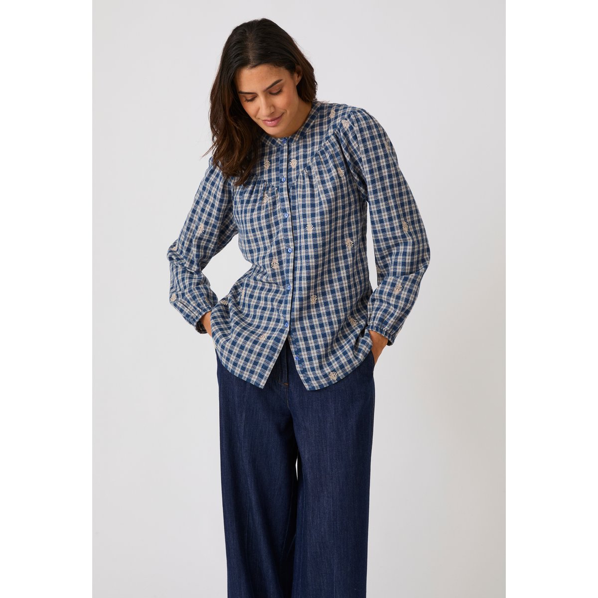 Blouse carreaux rebrodés bleu marine carreaux, DAMART