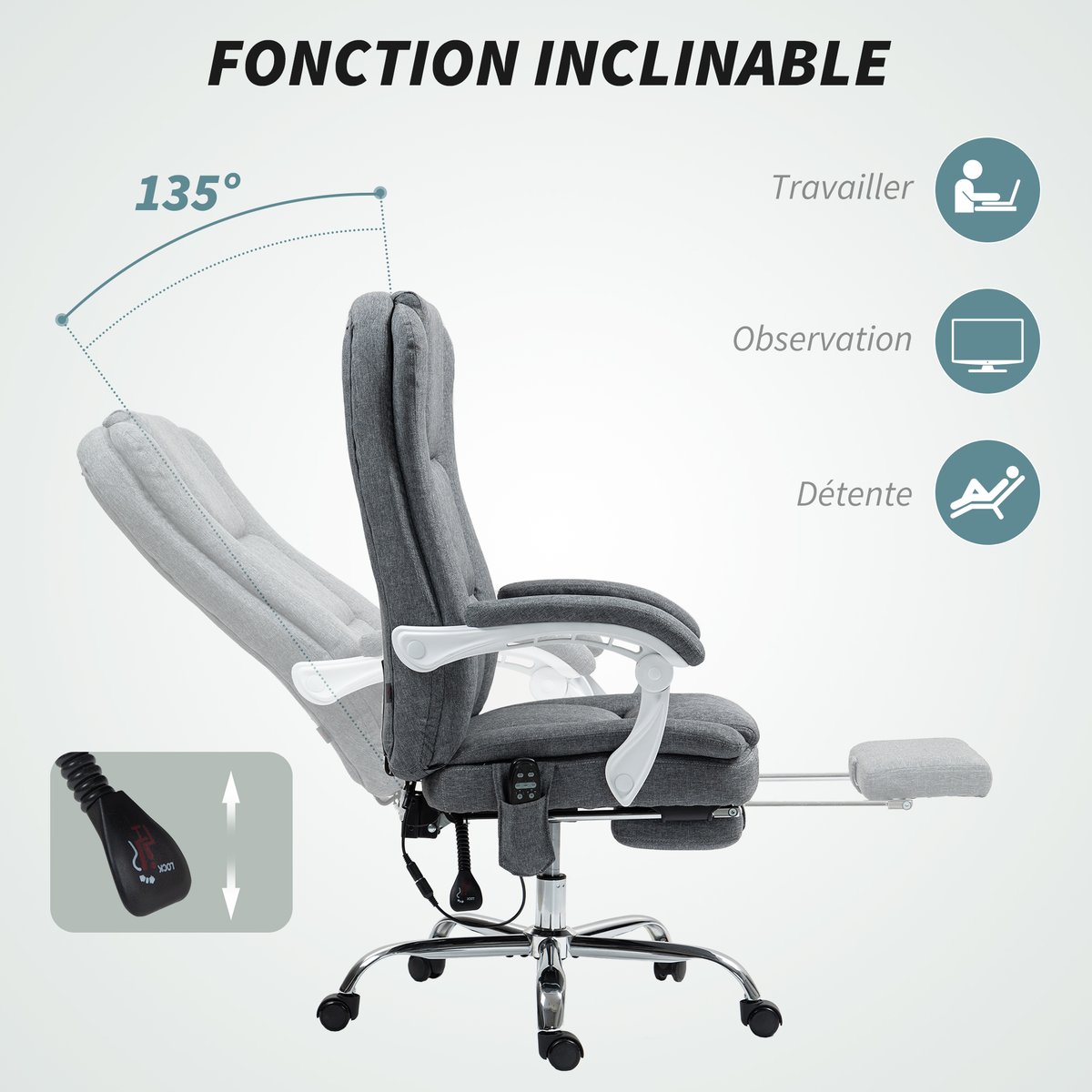 Fauteuil de bureau avec fonction massage gris, HOMCOM