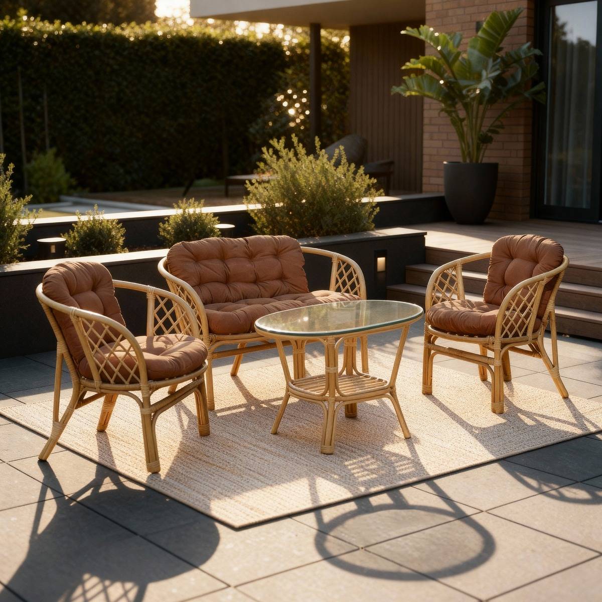 Salon de jardin en rotin et tissu RATTAN bois foncé, MADE IN MEUBLES
