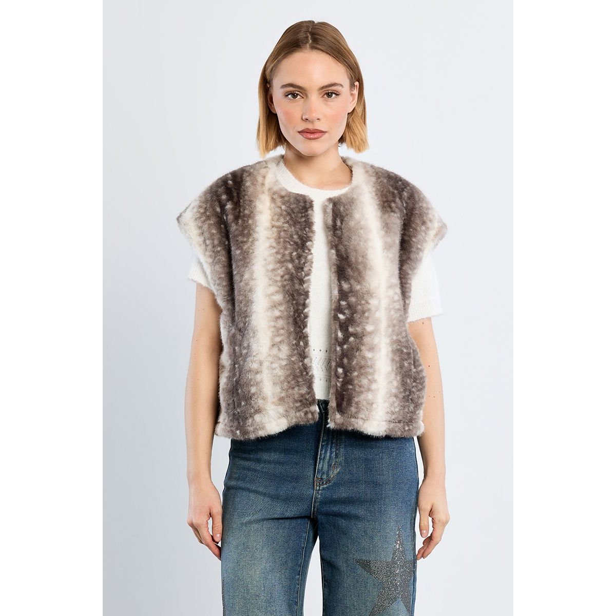 Veste sans manches, imitation fourrure, faon gris, LILI SIDONIO