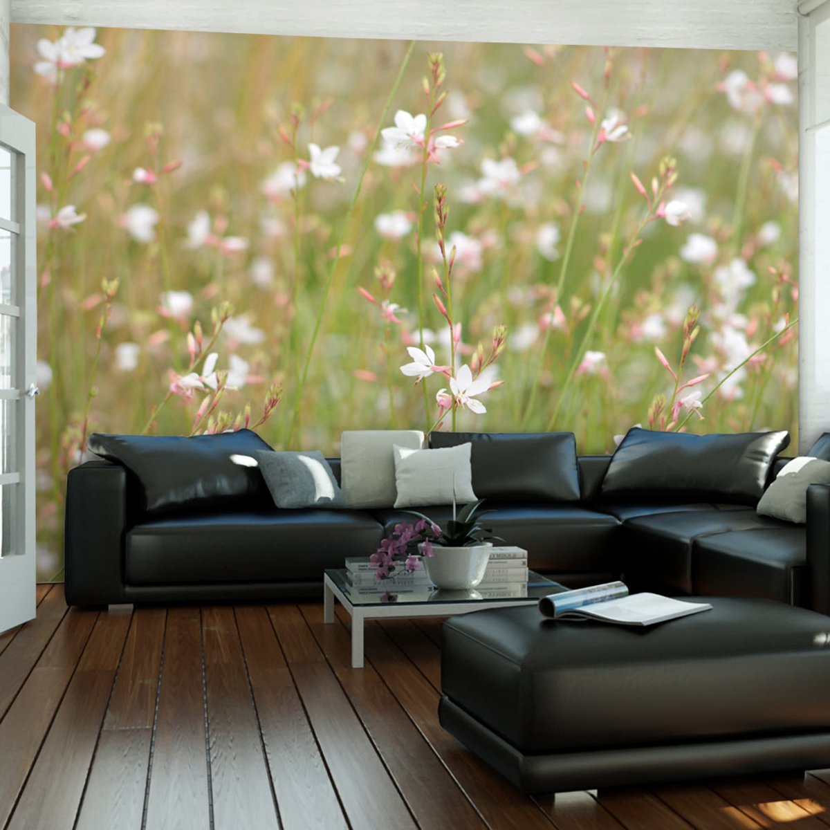 Papier peint intissé panoramique Fleurs Petites fleurs blanches beige, EDEN