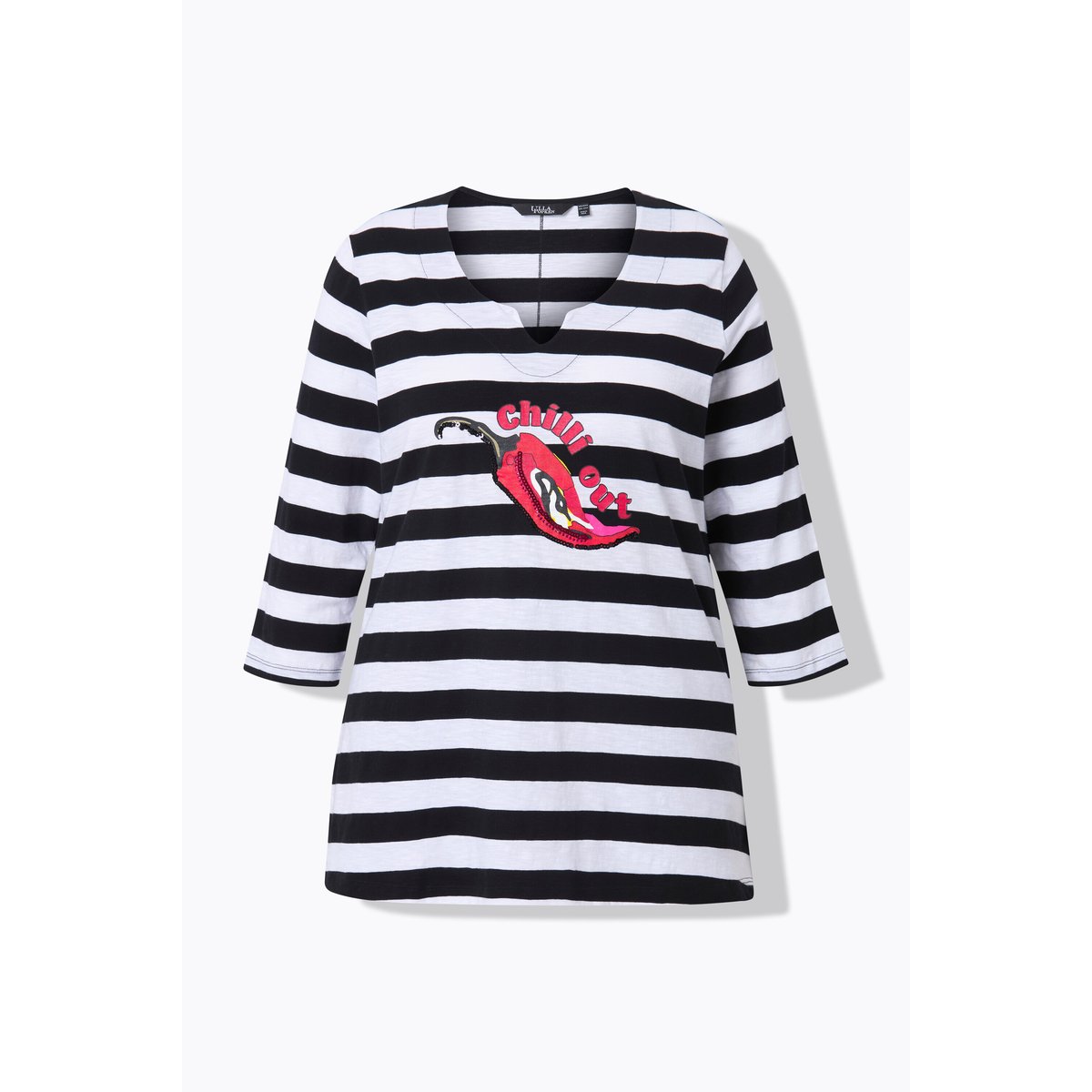 T-shirt à rayures. Motif piment à strass. noir, ULLA POPKEN